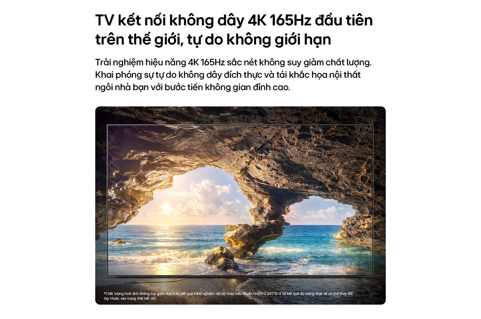 LG OLED evo AI W6 Wallpaper TV with Visually Lossless performance displays a sunlit ocean cave scene in 4K 165Hz, preserving fine detail, natural color, and smooth motion wirelessly.